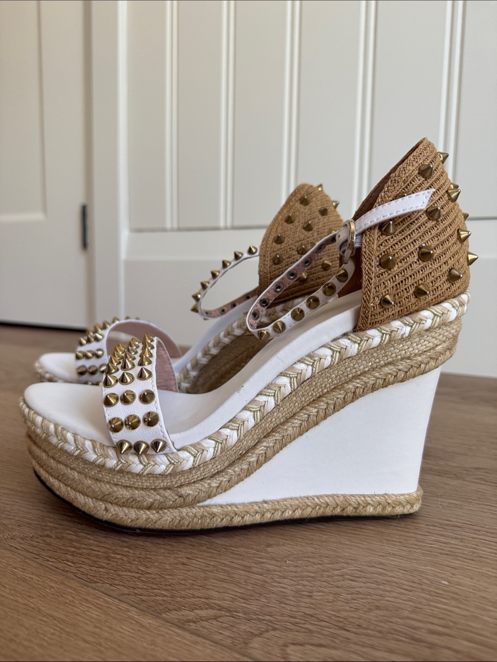 White and Tan Studded Espadrille Wedge Sandals - Picture 2 of 3